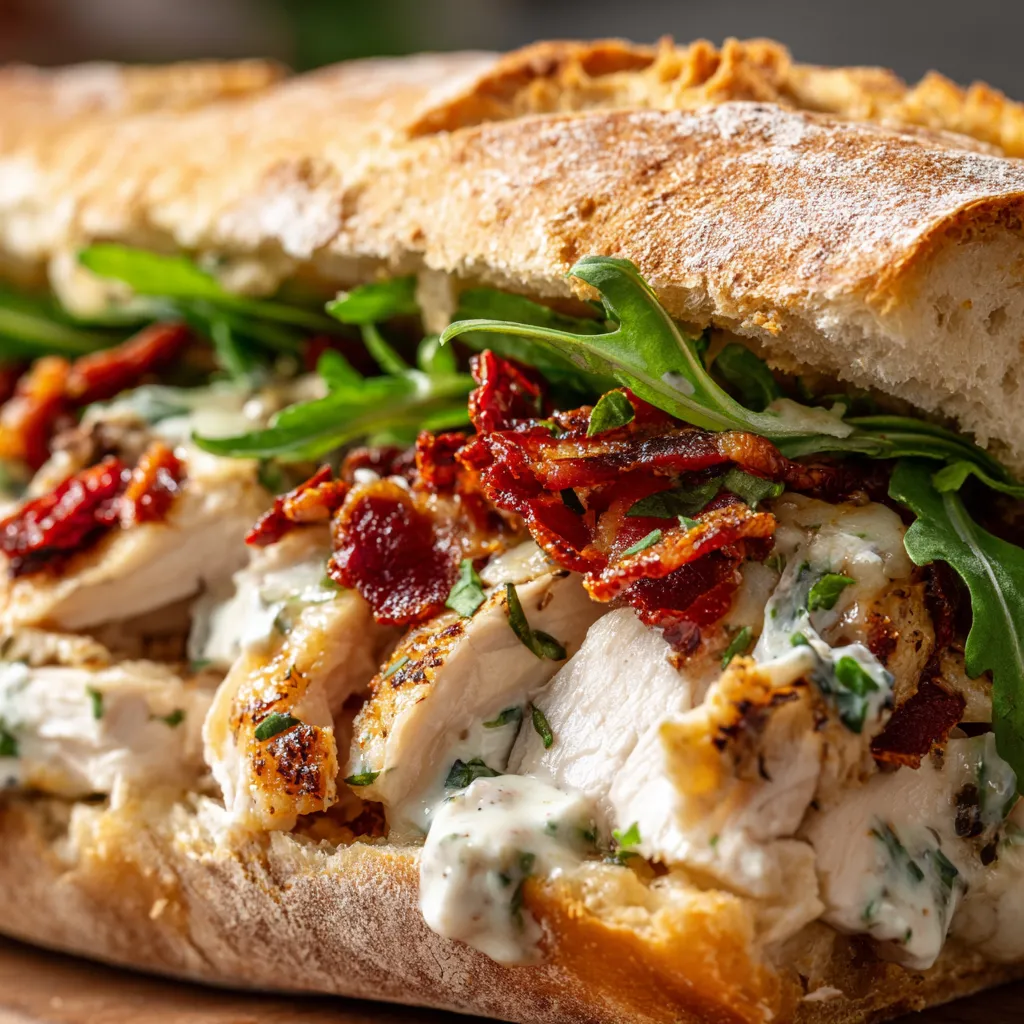 A sandwich with bacon and ranch chicken.