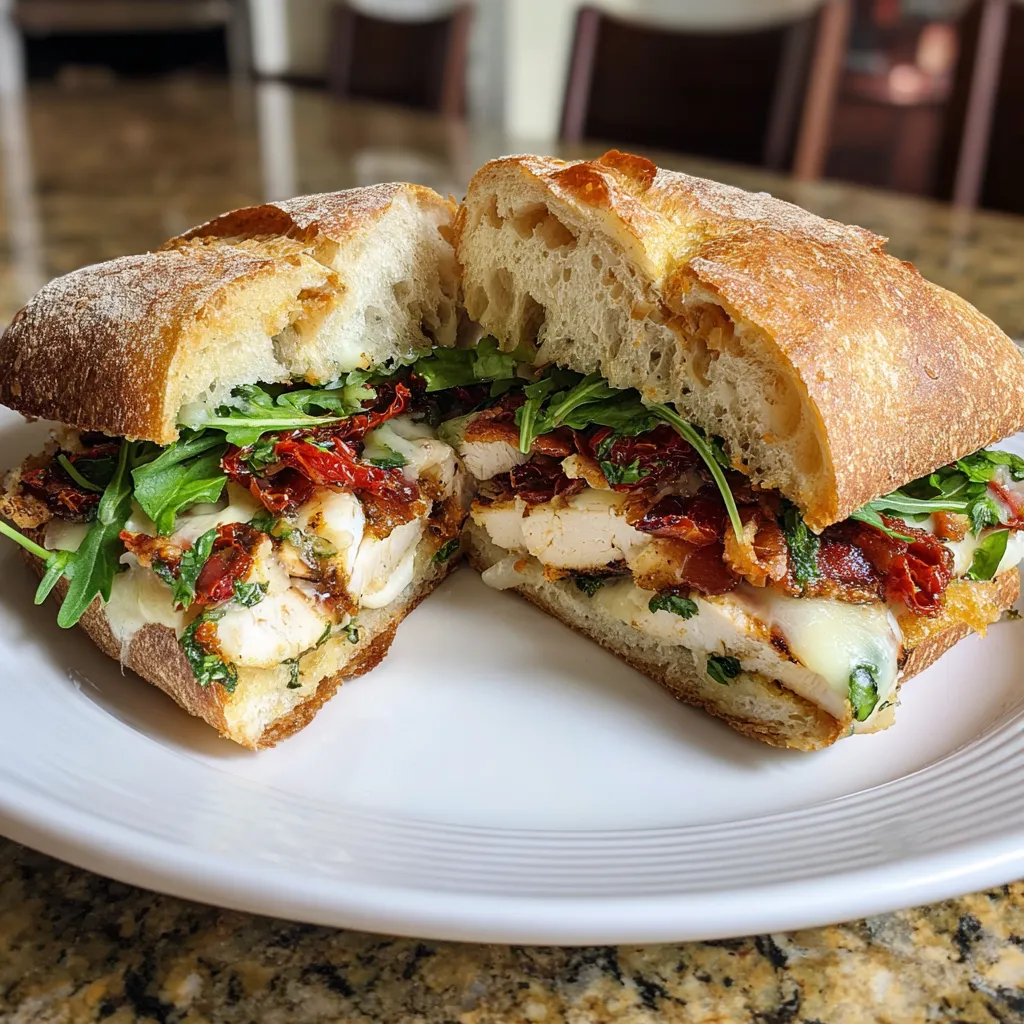 A sandwich with chicken and bacon on a white plate.