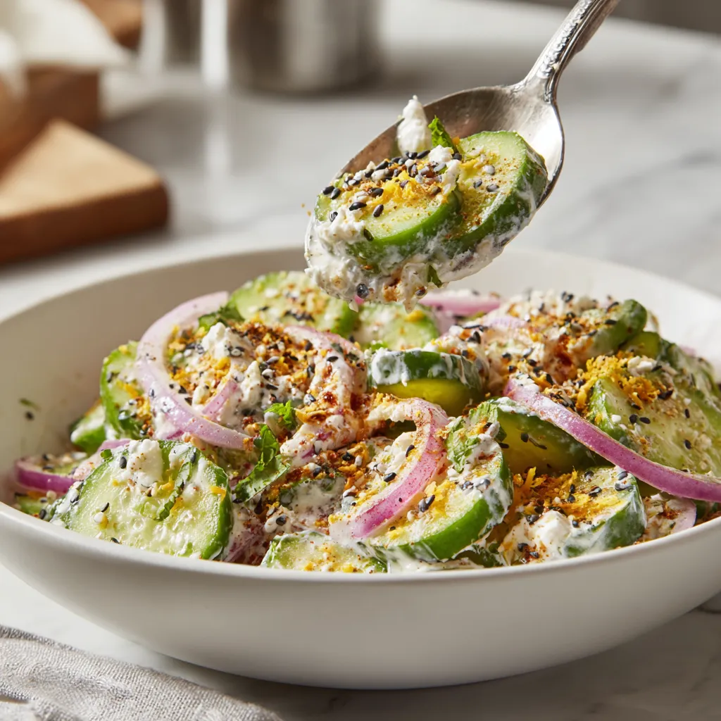 A spoon is scooping up a salad with cucumbers and jalapenos.