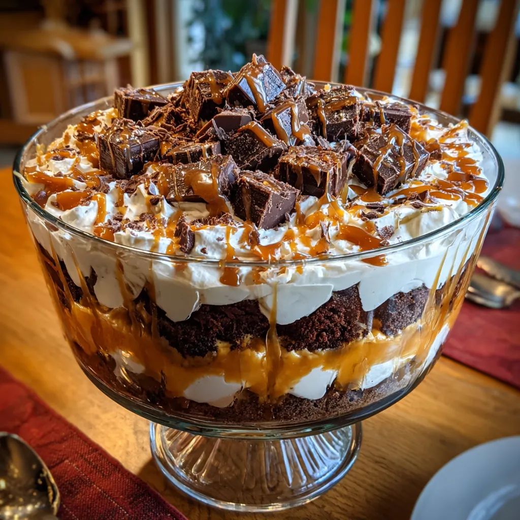 A caramel cheesecake brownie trifle delight.