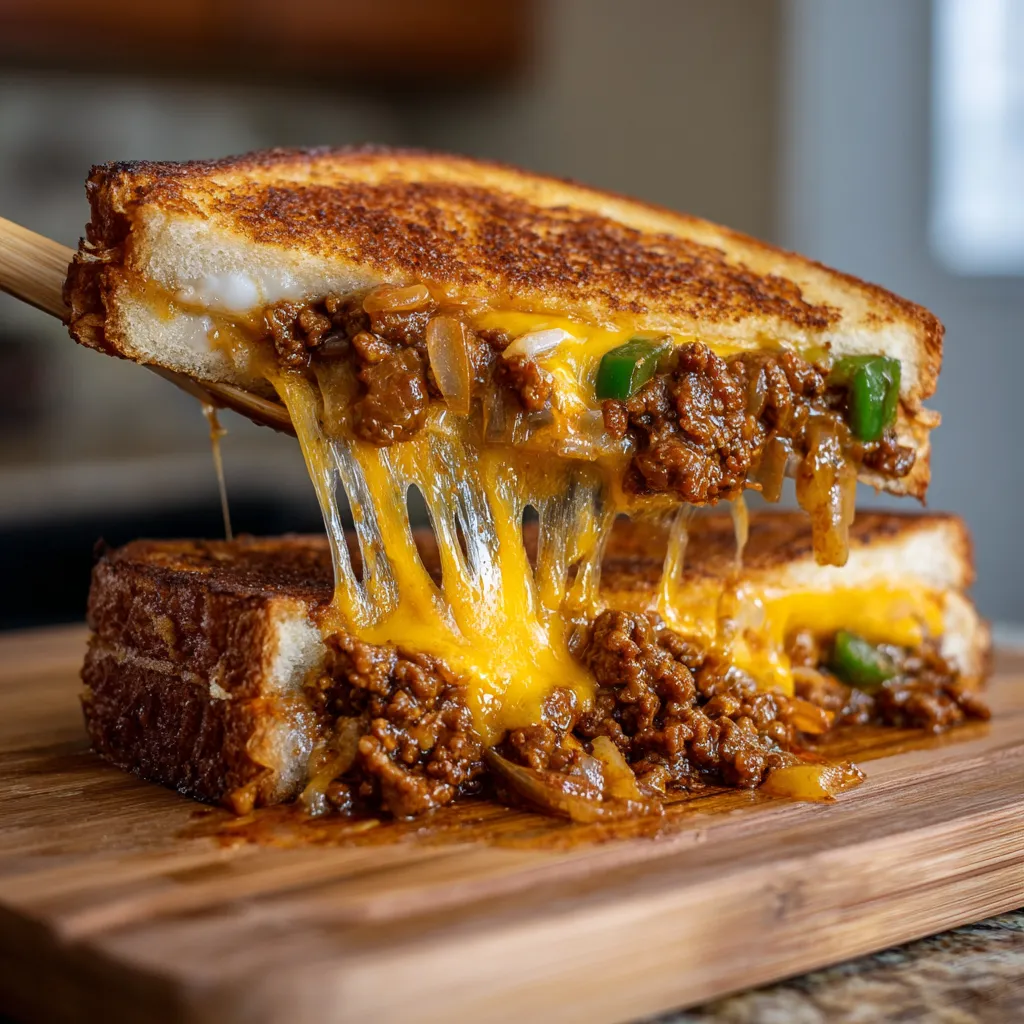 A grilled cheese sandwich with sloppy joe filling.