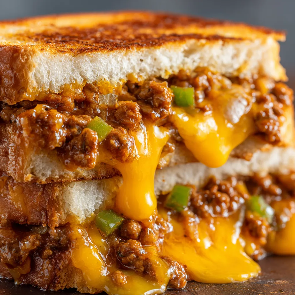 A grilled cheese sandwich with sloppy joe.