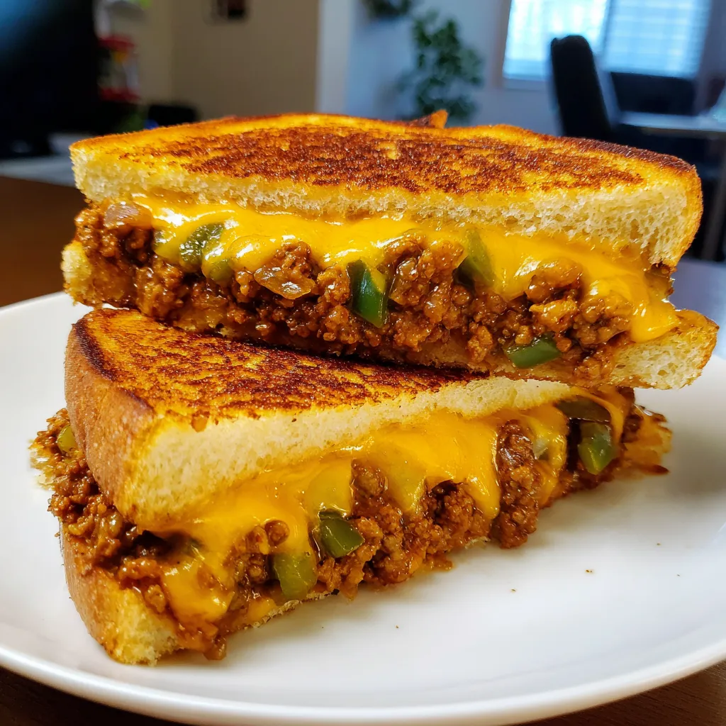 A plate of grilled cheese sandwiches with sloppy joe filling.