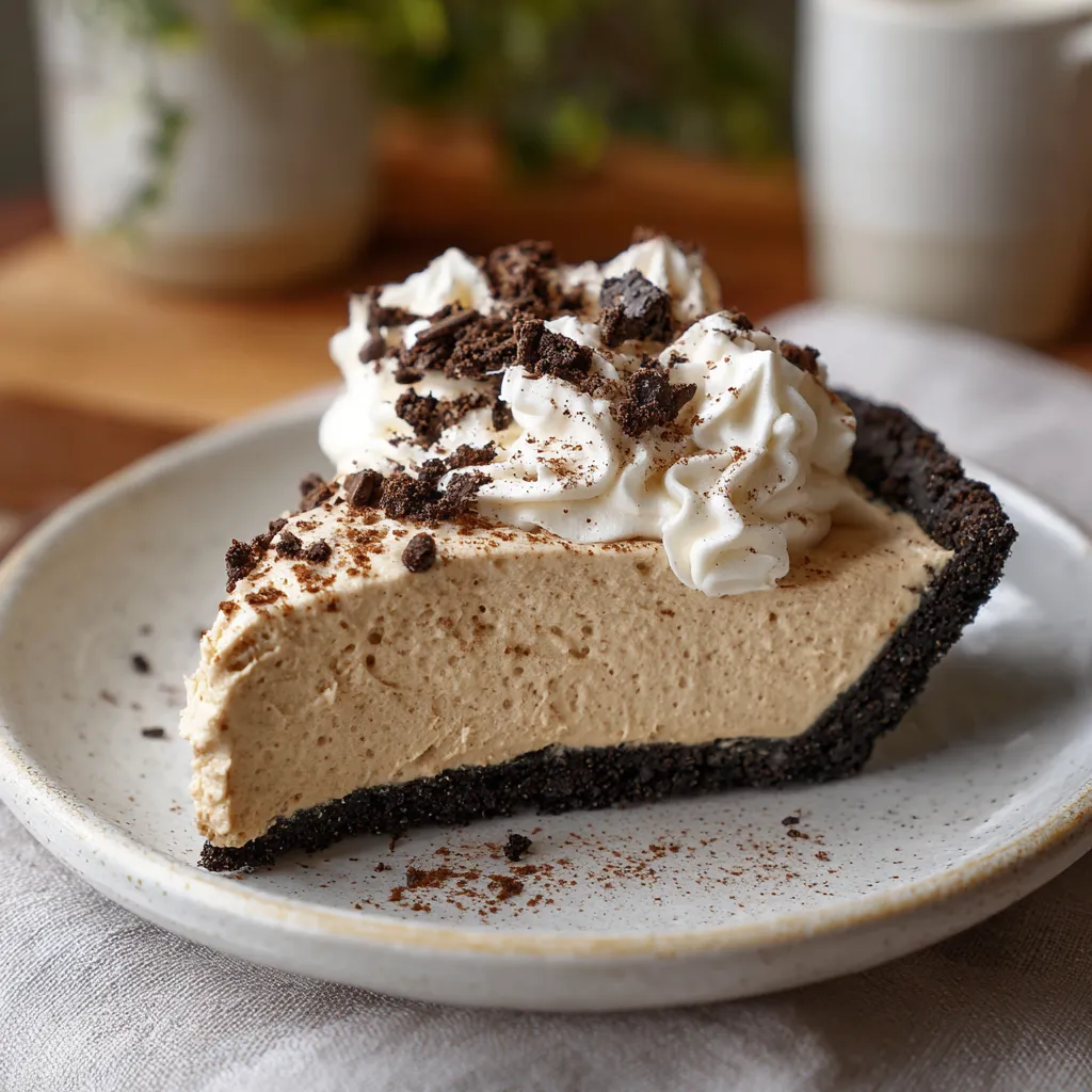 A slice of creamy no-bake coffee pie.