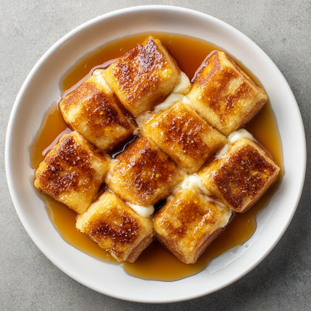 A plate of French toast with syrup.