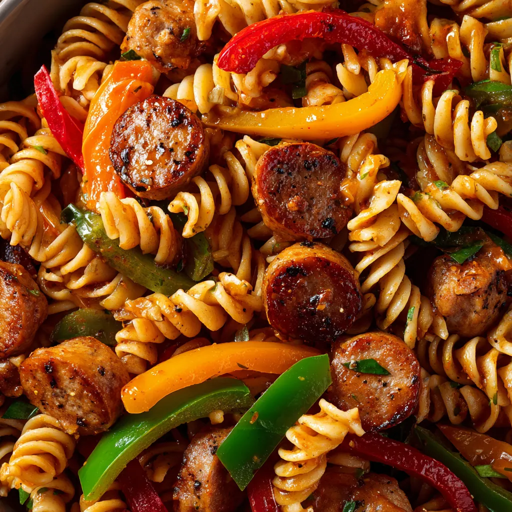 A meal of pasta with sausage and peppers.
