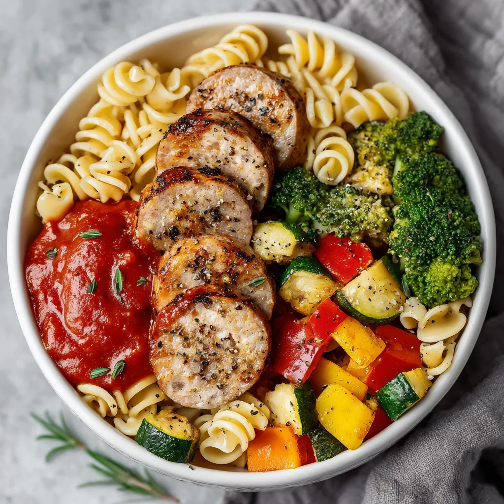 A bowl of food with chicken sausage, pasta, and vegetables.
