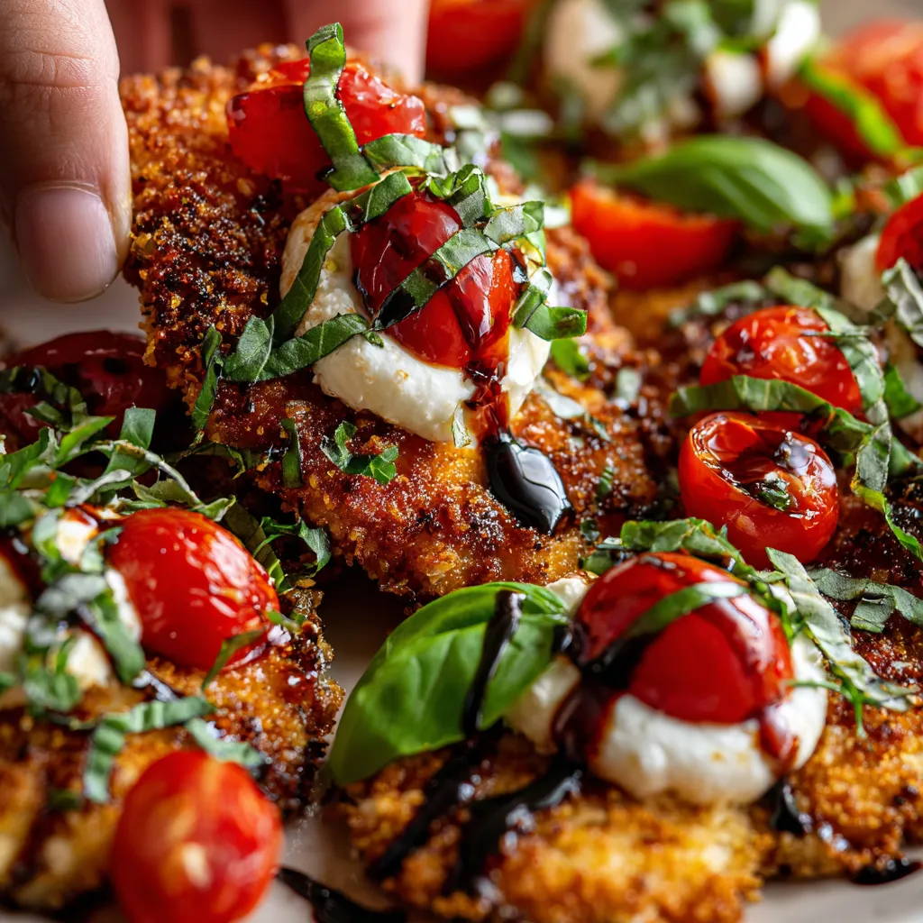 A plate of Italian basil chicken cutlets with tomato and burrata topping.