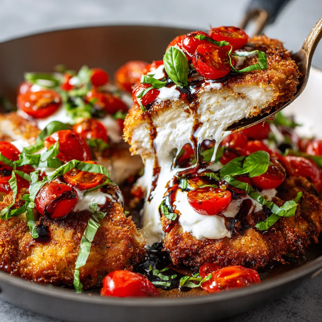 A plate of Italian Basil Chicken Cutlets with Tomato and Burrata Topping.