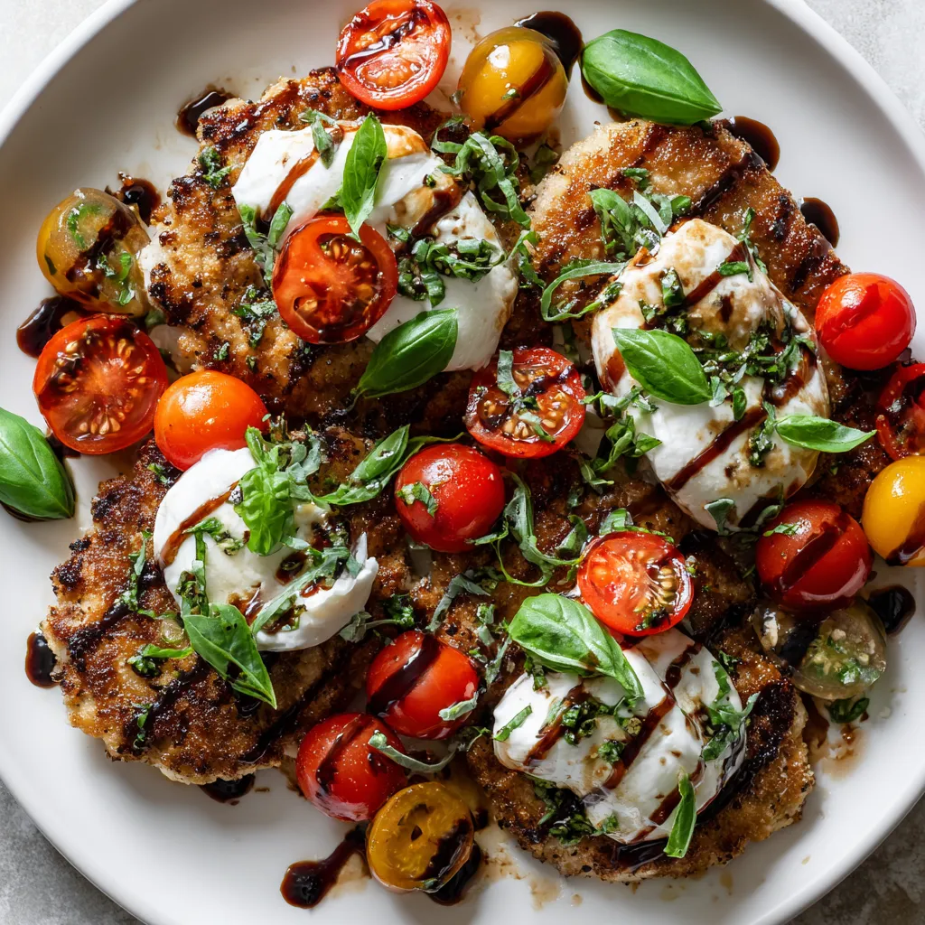 A plate of Italian basil chicken cutlets with tomato and burrata topping.
