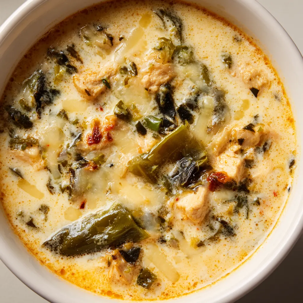 A bowl of soup with chile relleno.