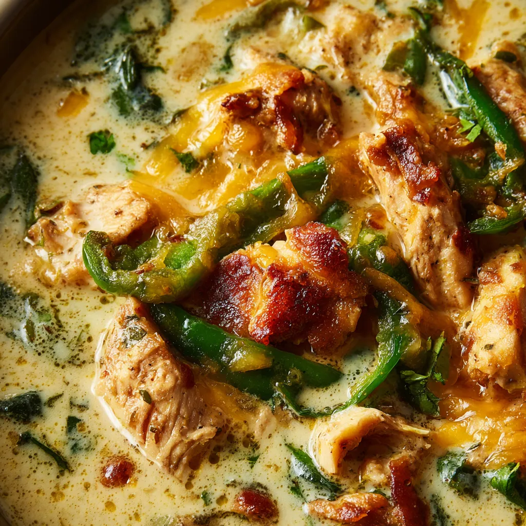 A bowl of chile relleno soup with chicken and peppers.