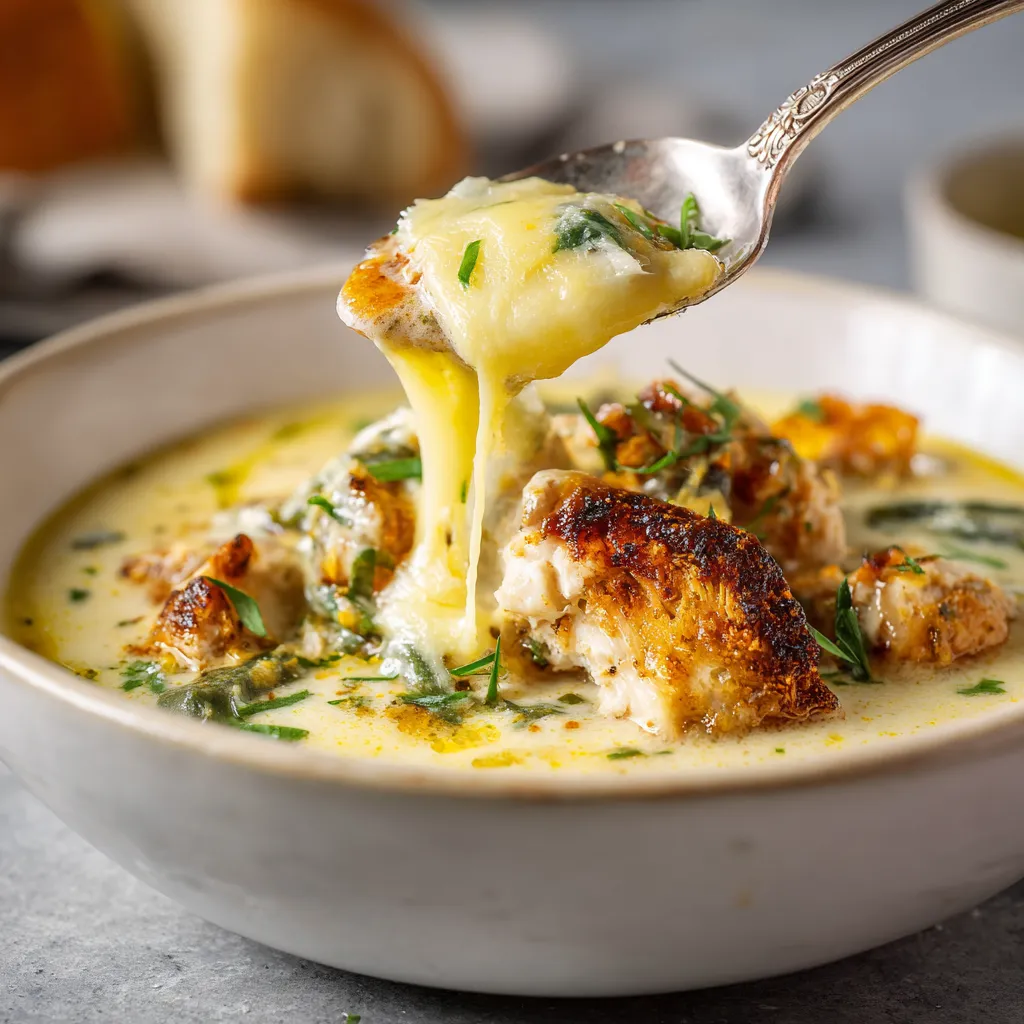 A bowl of chile relleno soup with a spoon in it.