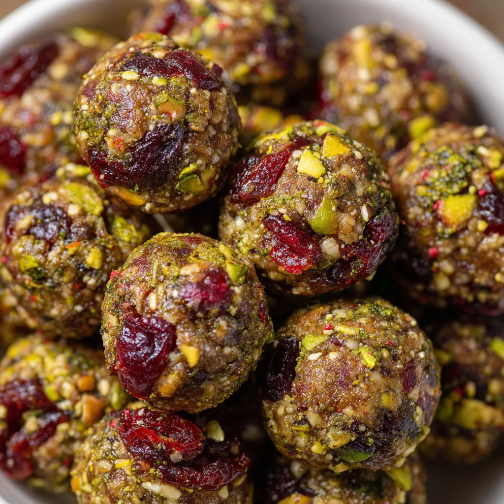 A bowl of cherry pistachio energy bites.