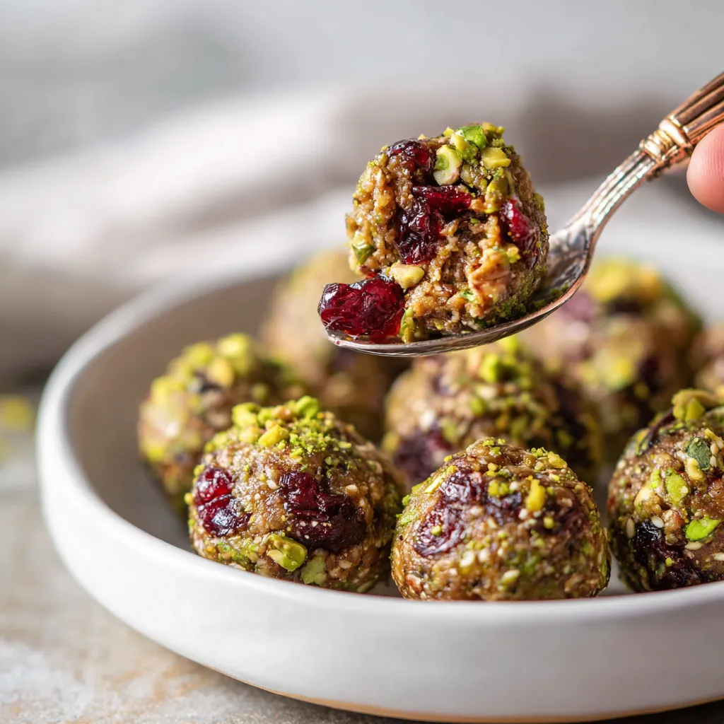 A spoon is being used to scoop up a cherry-pistachio energy bite.