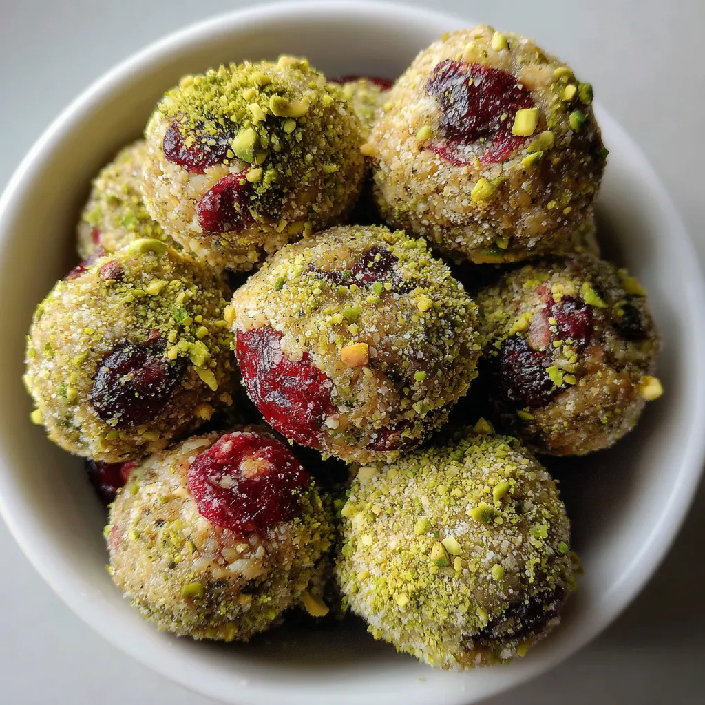 A bowl of cherry-pistachio energy bites.