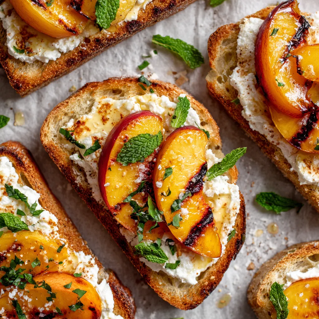 Toasts with grilled peaches and chili.