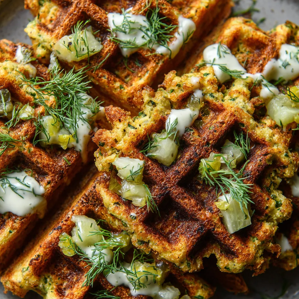A plate of garlic-dill pickle falafel waffles.