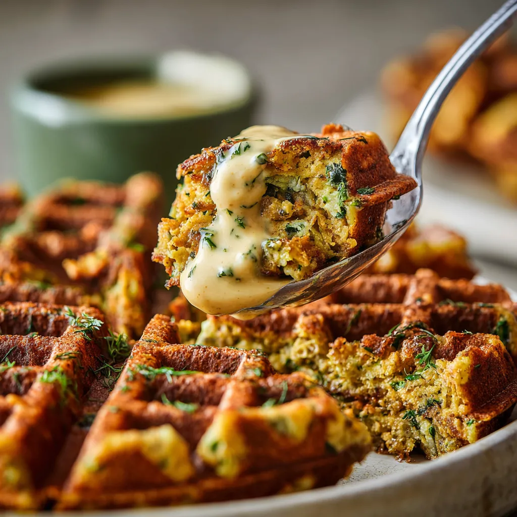 A spoonful of garlic-dill pickle falafel waffles.