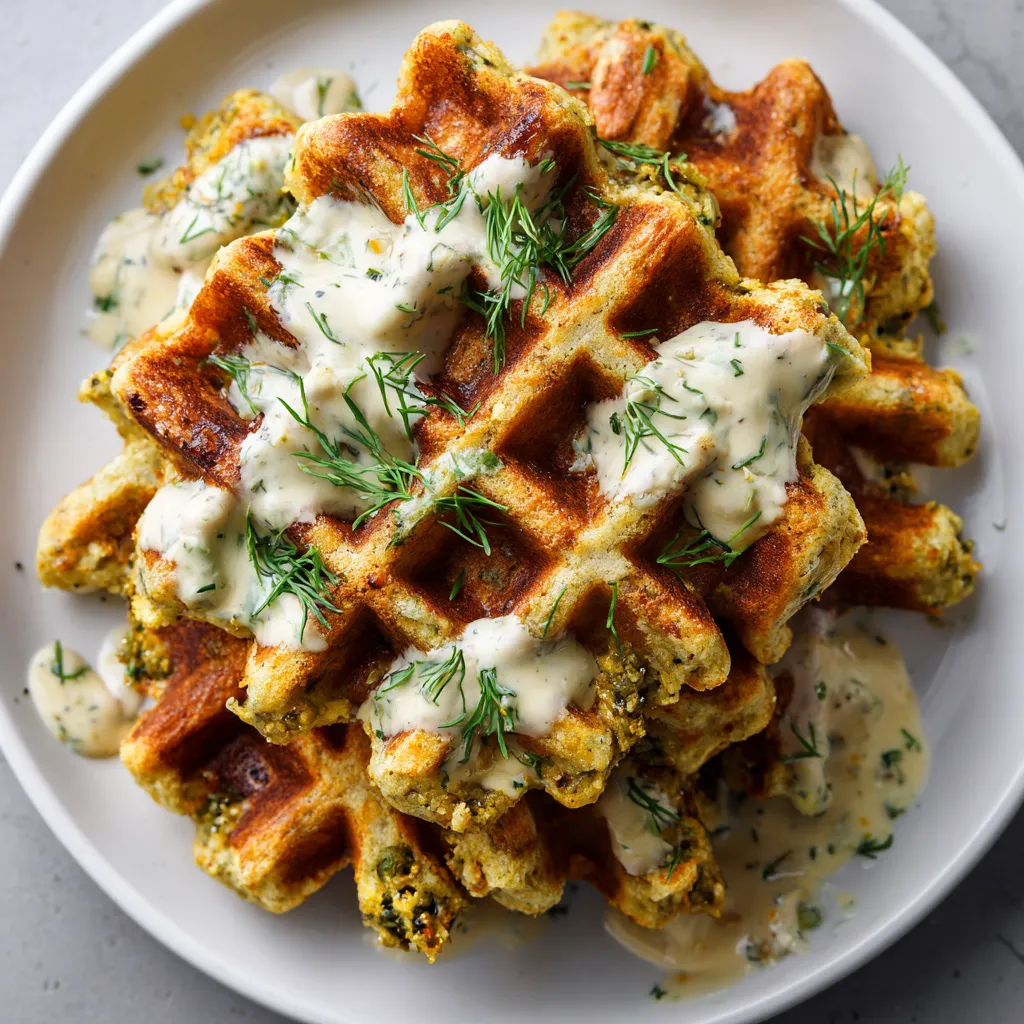 A plate of garlic-dill pickle falafel waffles.