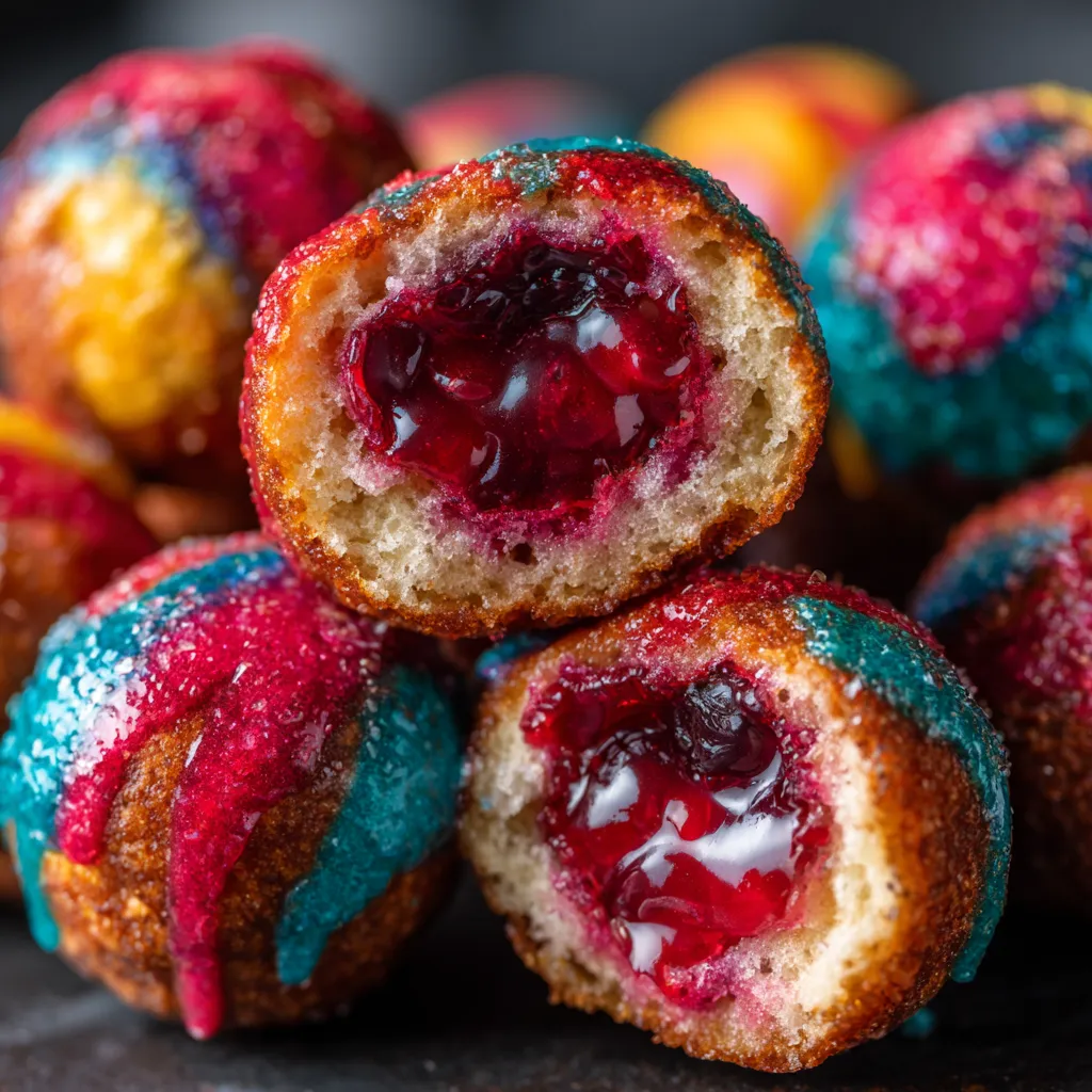 A close up of a donut with jelly in the center.