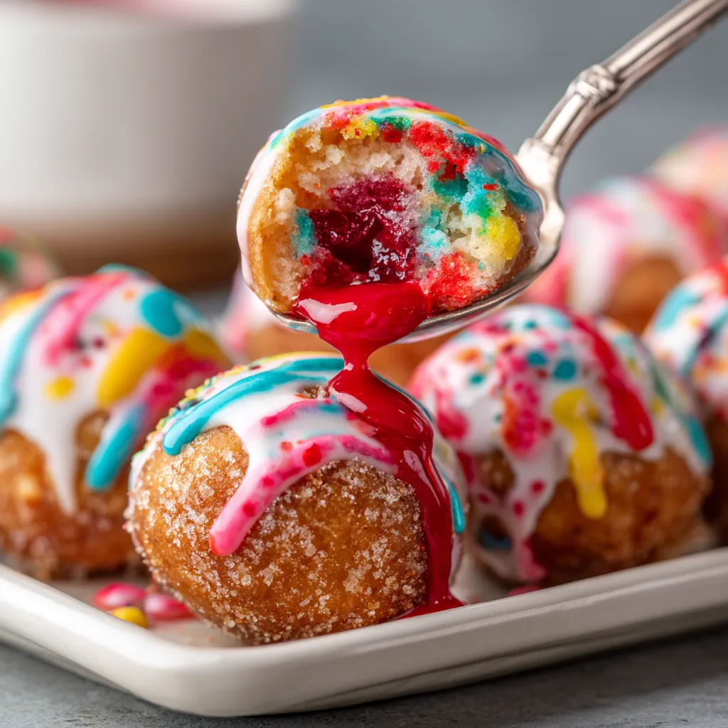 A plate of colorful donuts with a spoon in one.