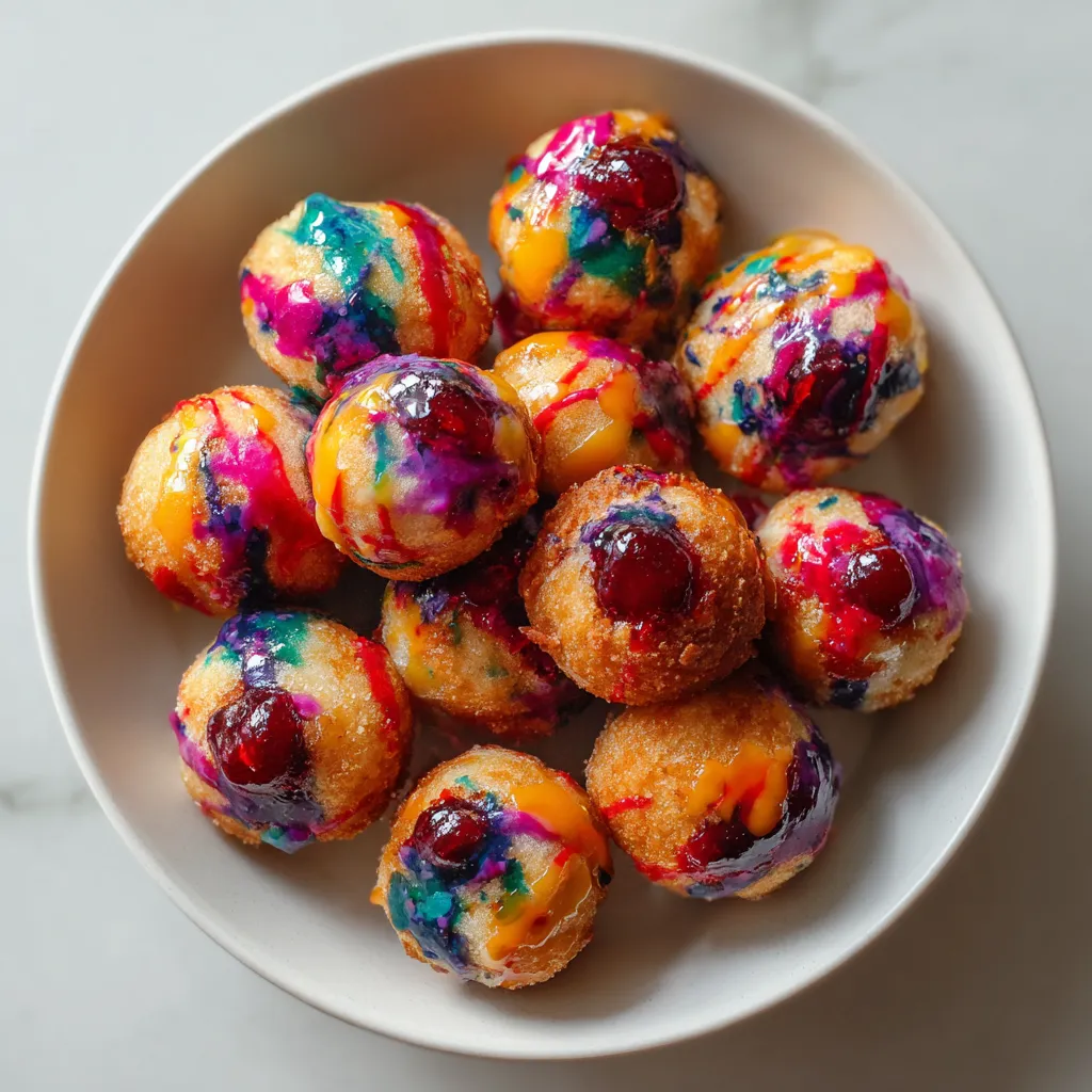 A plate of colorful donuts.