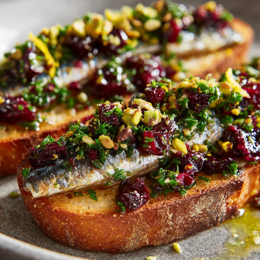 A glow-up sardine toast with a variety of toppings.