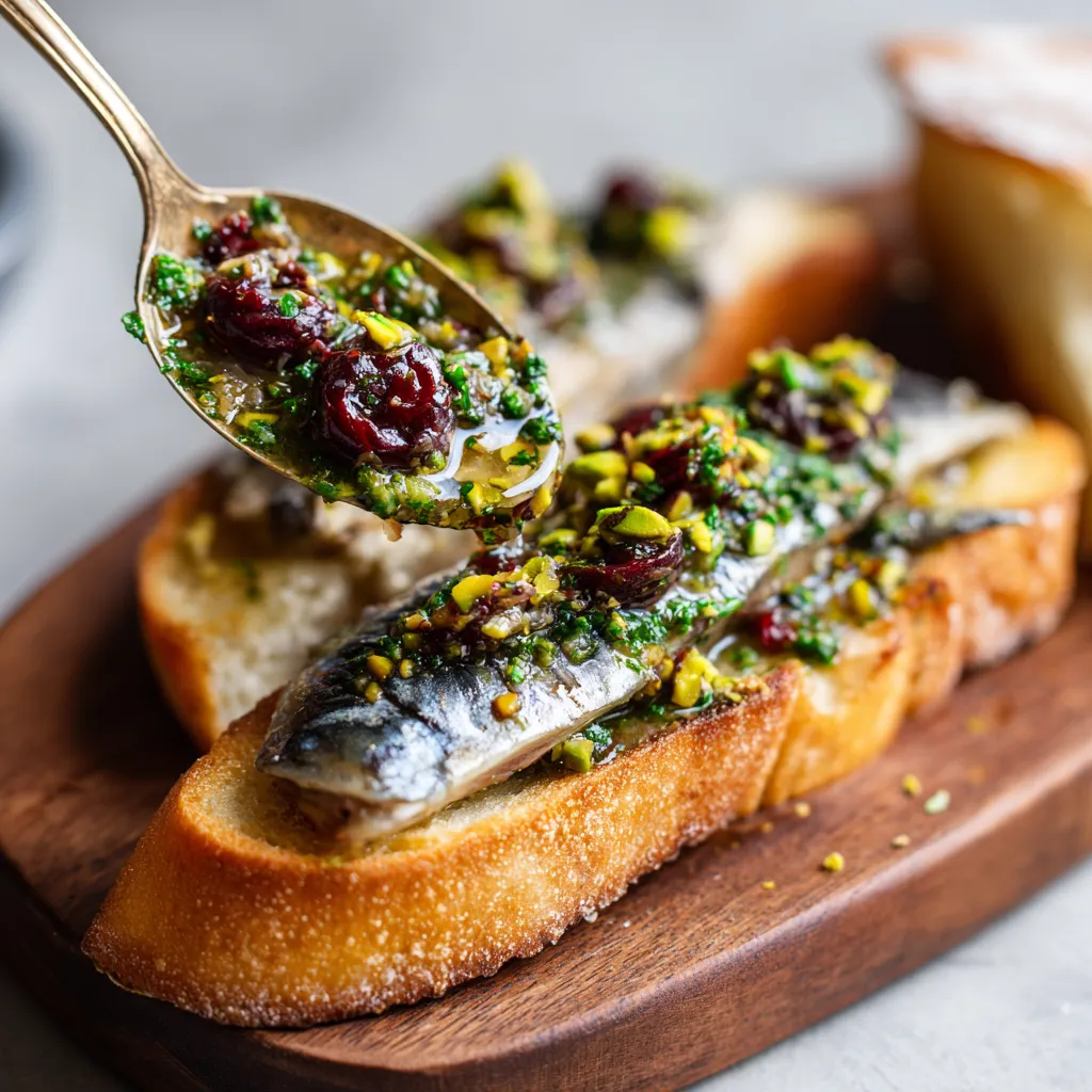 A glow-up sardine toast with sauce.
