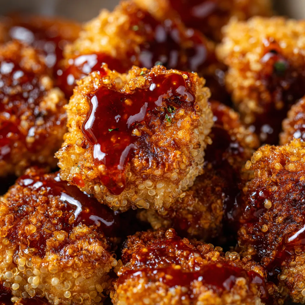 A close up of some maple-sriracha tofu nuggets.