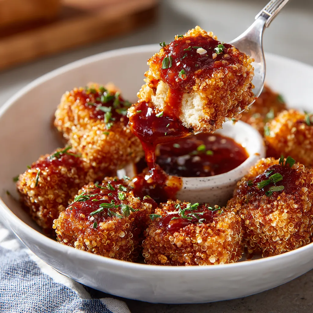 A bowl of Swicy Maple-Sriracha Tofu Nuggets.