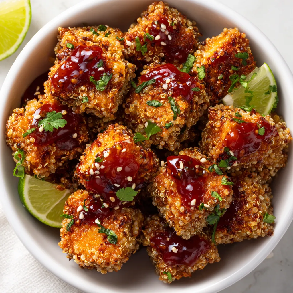 A bowl of tofu nuggets with a maple-sriracha sauce.