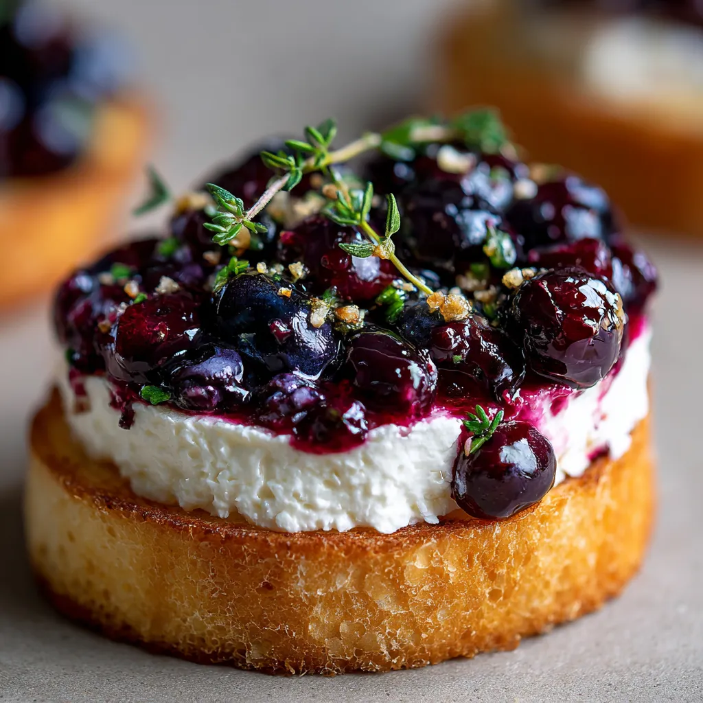 A crostini with goat cheese and blueberries.