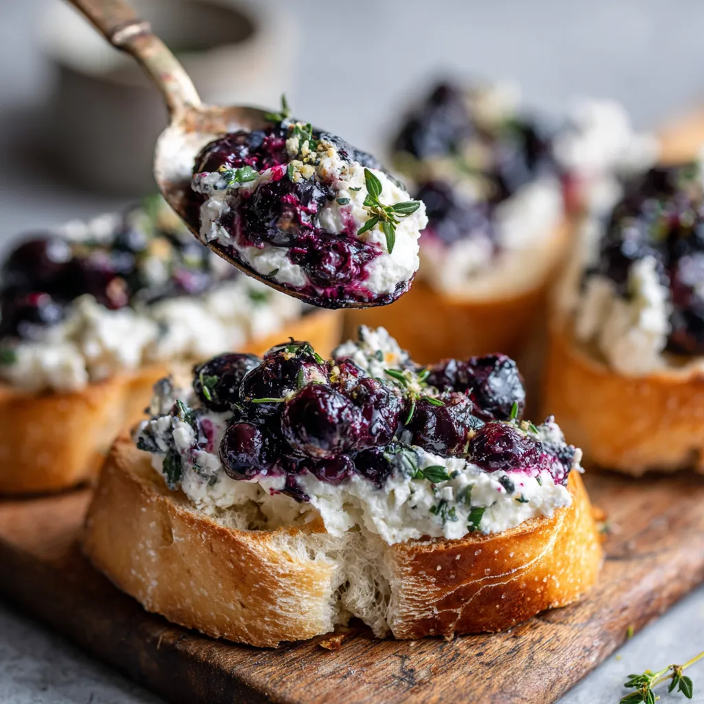 A wooden cutting board with crostini topped with blueberry goat cheese.