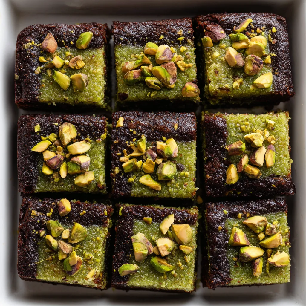 A square of pistachio-matcha mochi brownies.