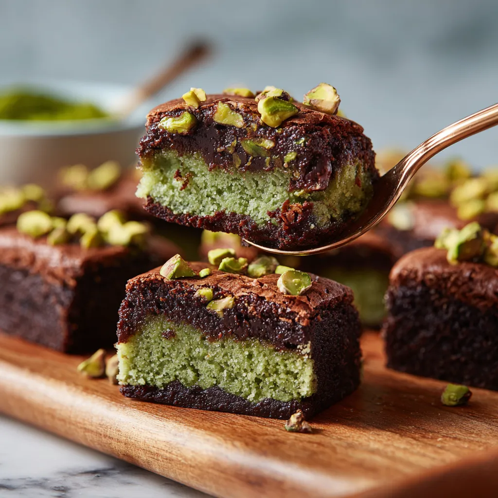 A slice of pistachio-matcha mochi brownies.