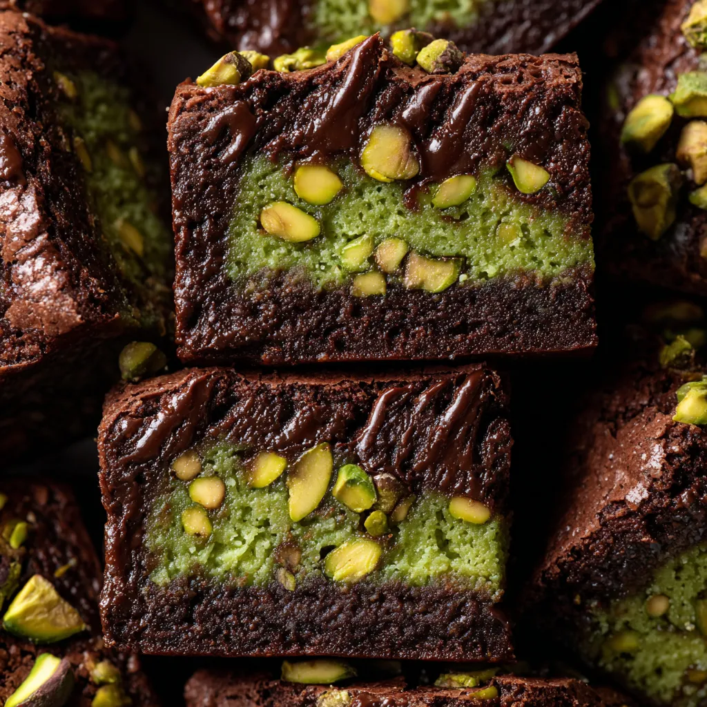 A close up of a chocolate and pistachio-matcha mochi brownie.
