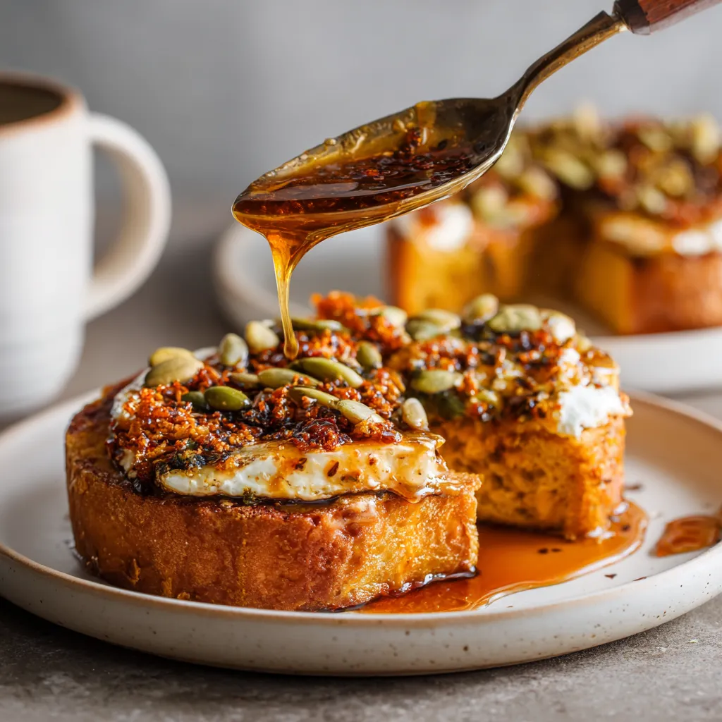 A spoonful of chili-crisp pumpkin butter is being poured onto a slice of toast.