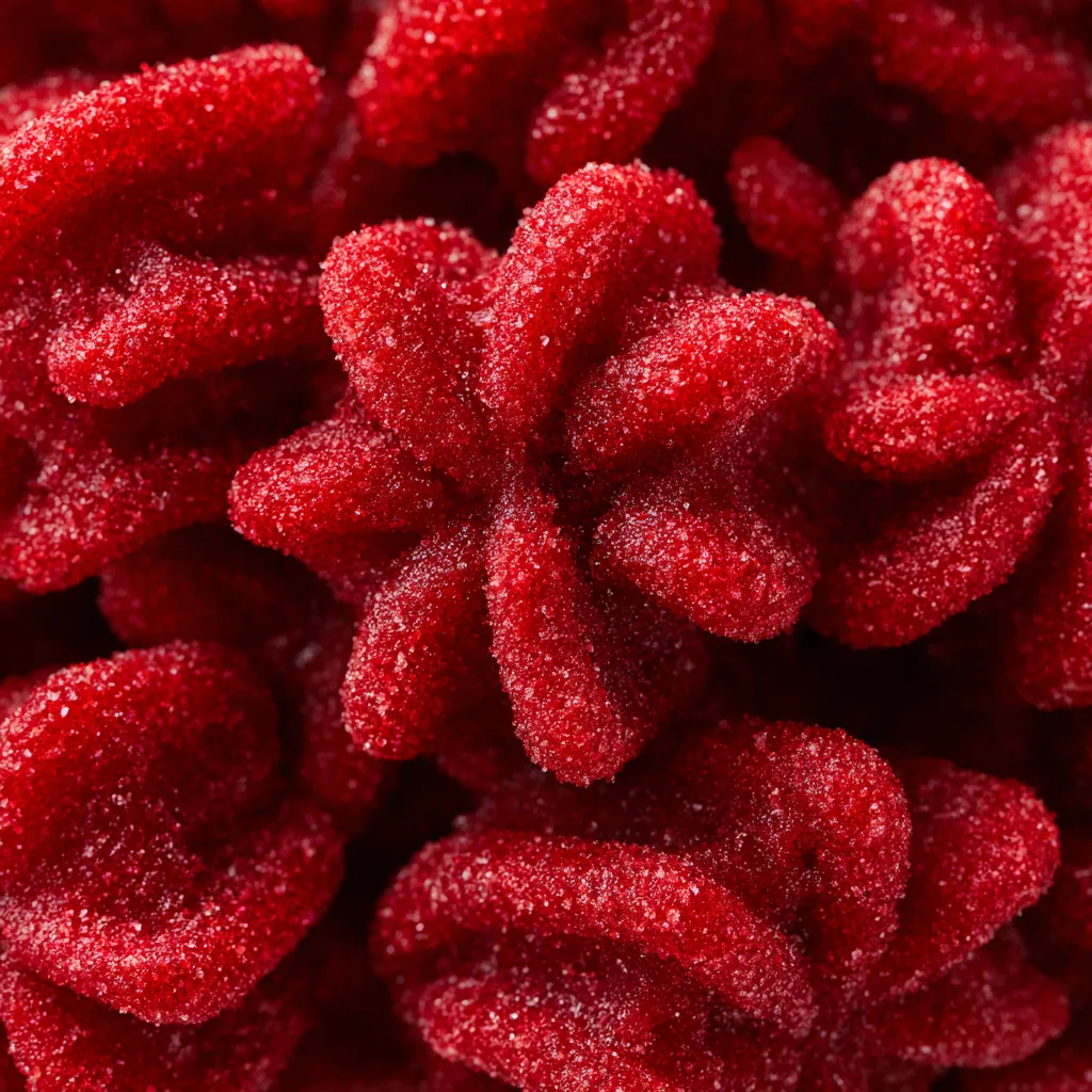 A red flower with sugar on it.