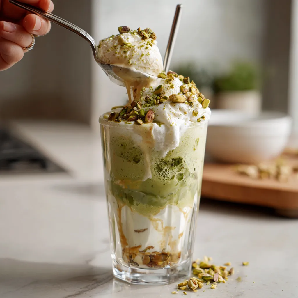 A person is eating a dessert with a spoon.