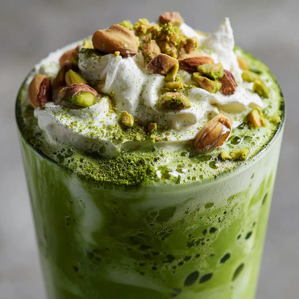 A glass of green smoothie with white whipped cream.