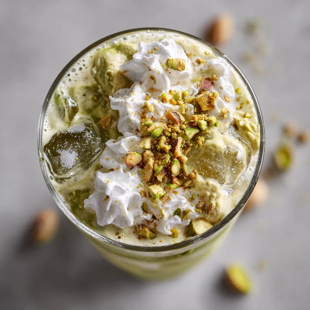 A glass of a green drink with white whipped cream and nuts on top.