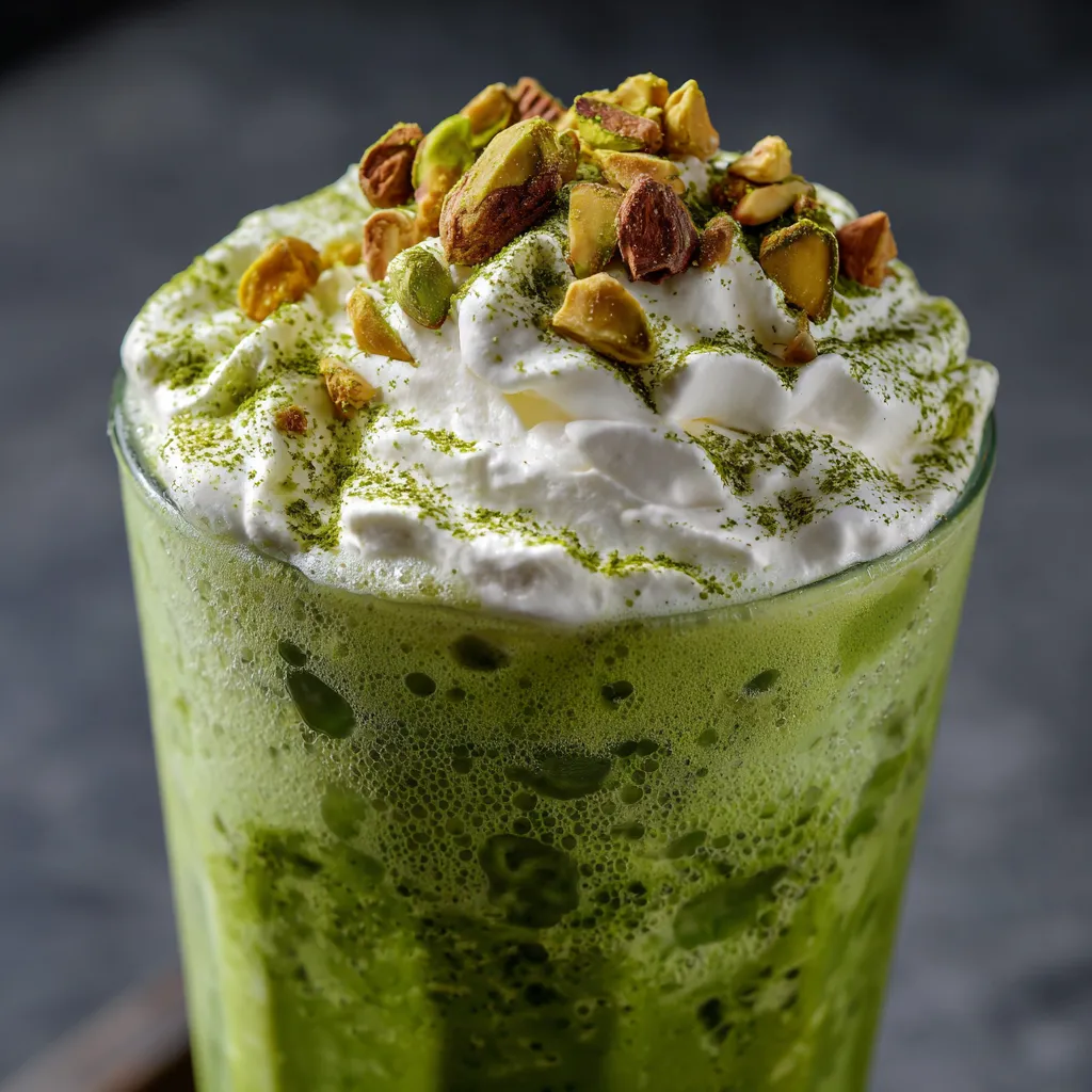 A glass of green tea with white cream.