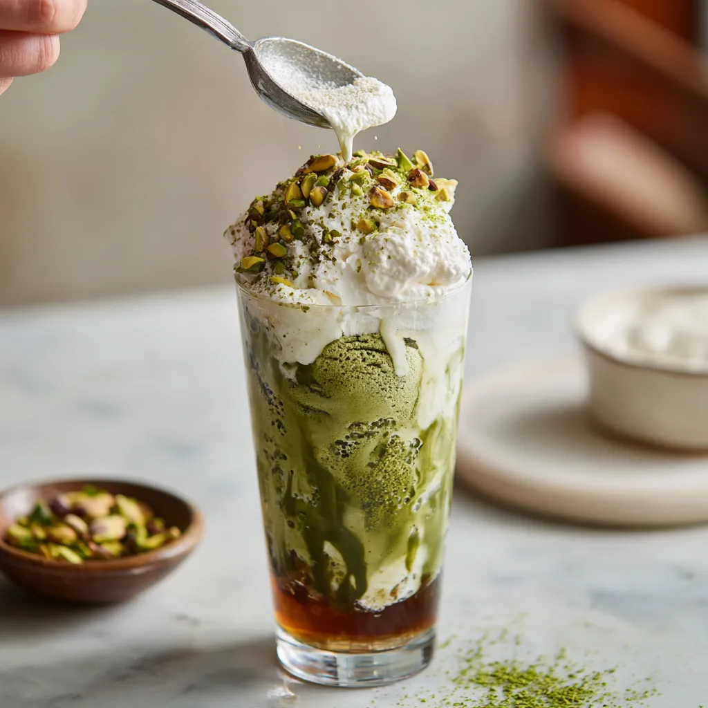 A glass of Rebel Float Matcha-Pistachio Nitro Cream Soda.