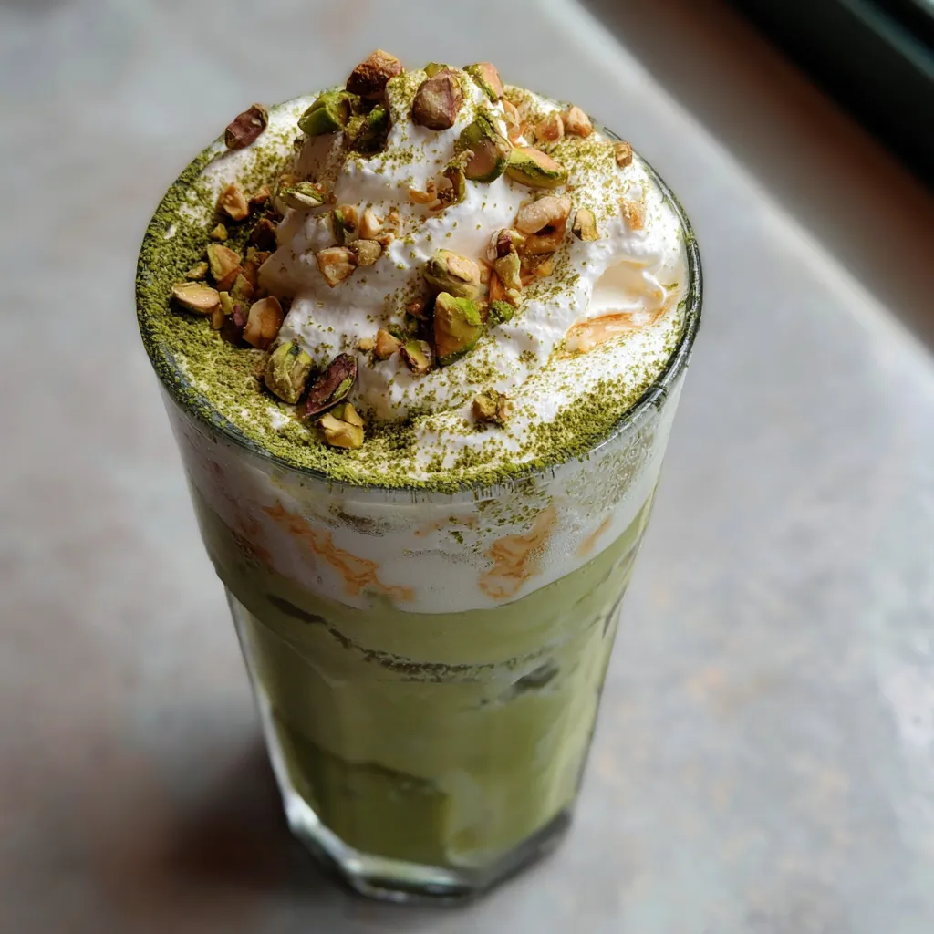 A glass of a green drink with a white cap on top.