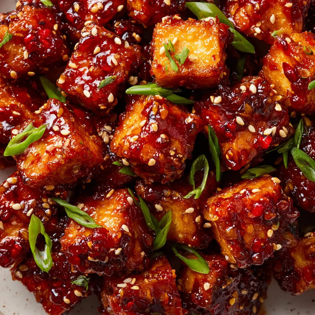 A plate of food with the name Swicy Maple-Gochujang Sticky Tofu Nuggets.