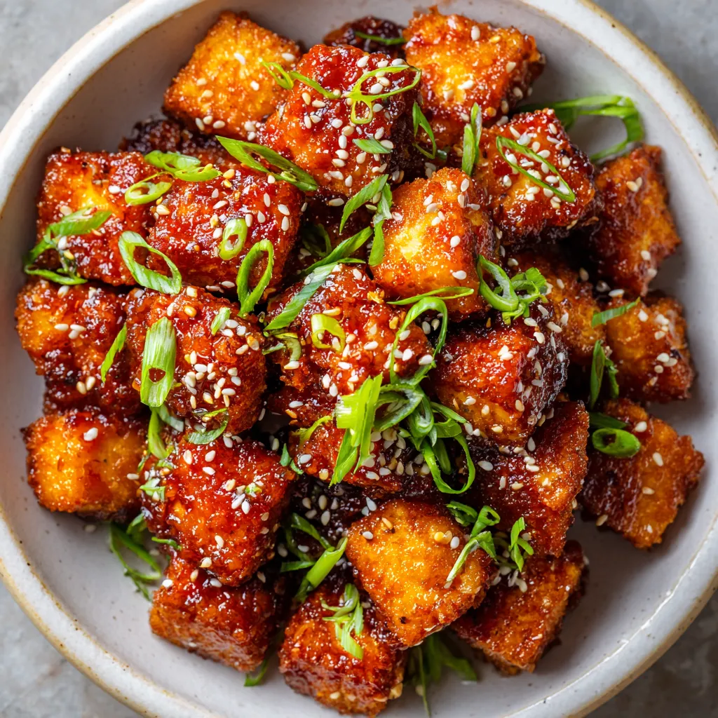 A bowl of food with the words "Swicy Maple-Gochujang Sticky Tofu Nuggets" written on it.