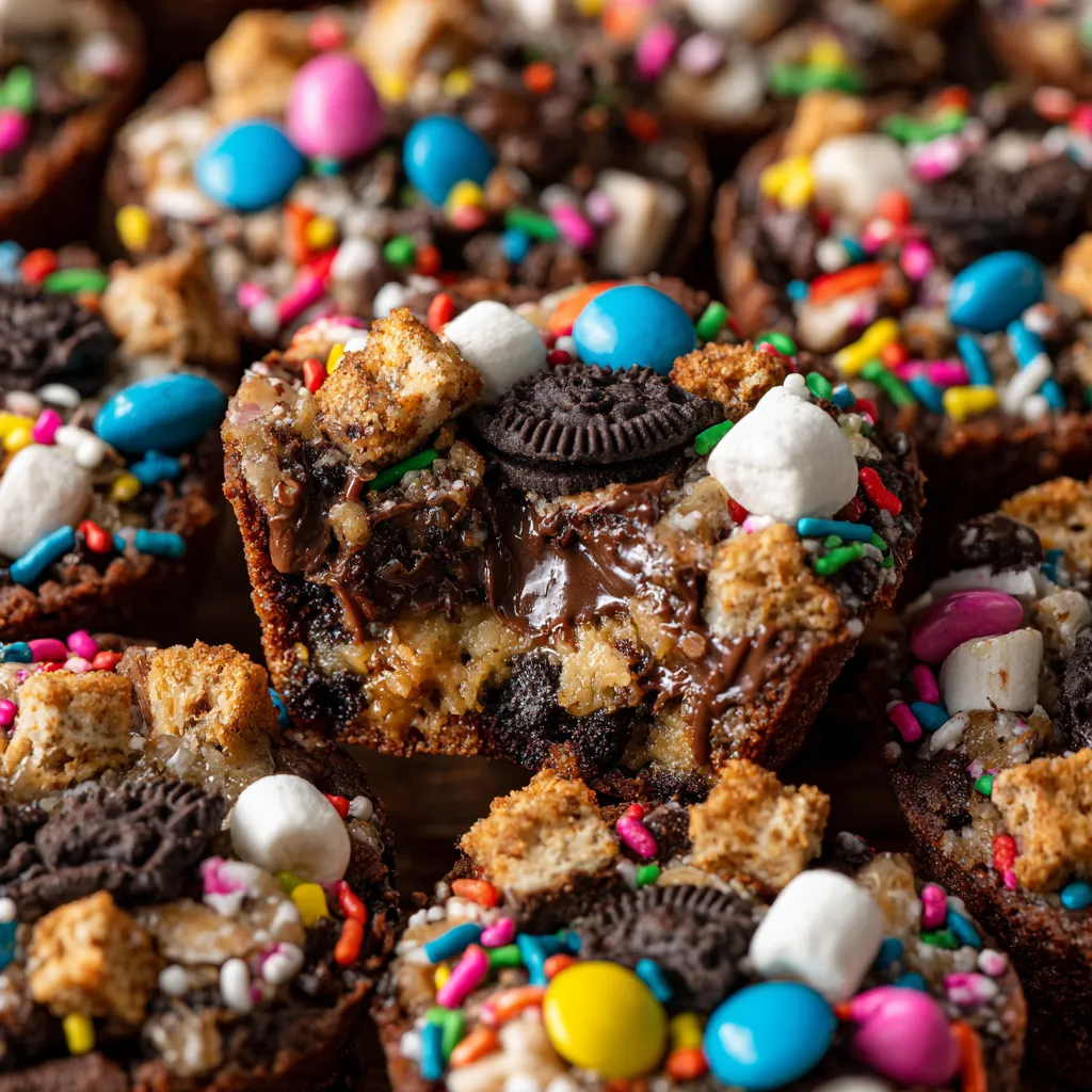 A close up of a cookie dough avalanche cupcake.
