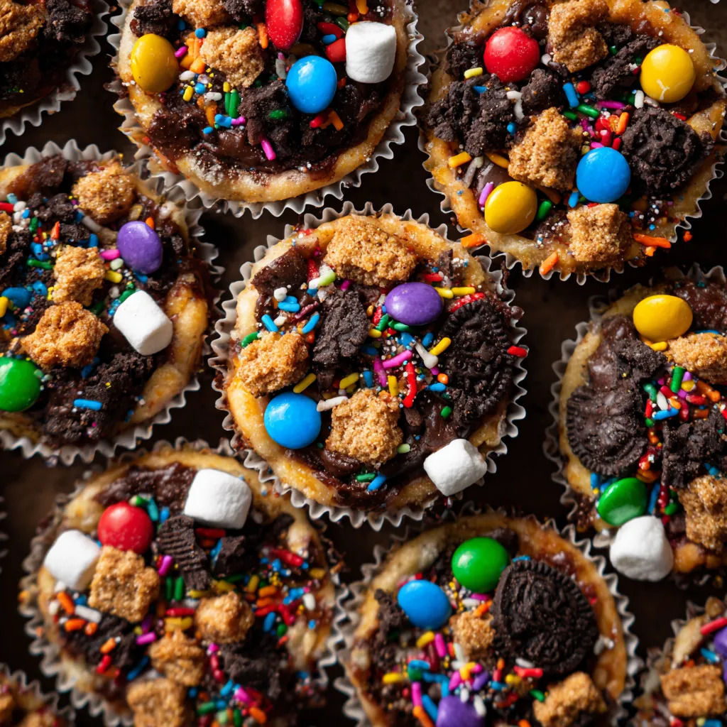 A close up of a cupcake with chocolate, marshmallows, and candy.