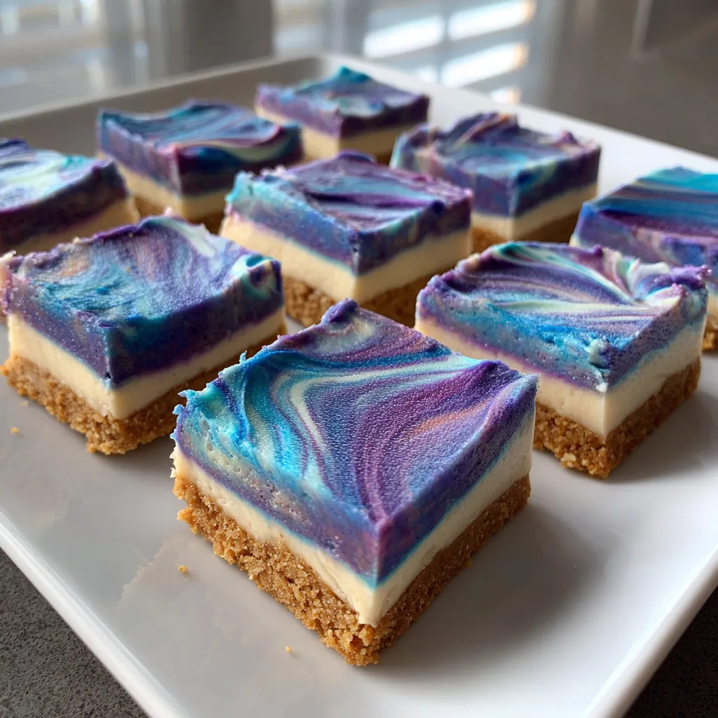 A plate of Aura Indigo Galaxy Butterfly Pea Cheesecake Bars.